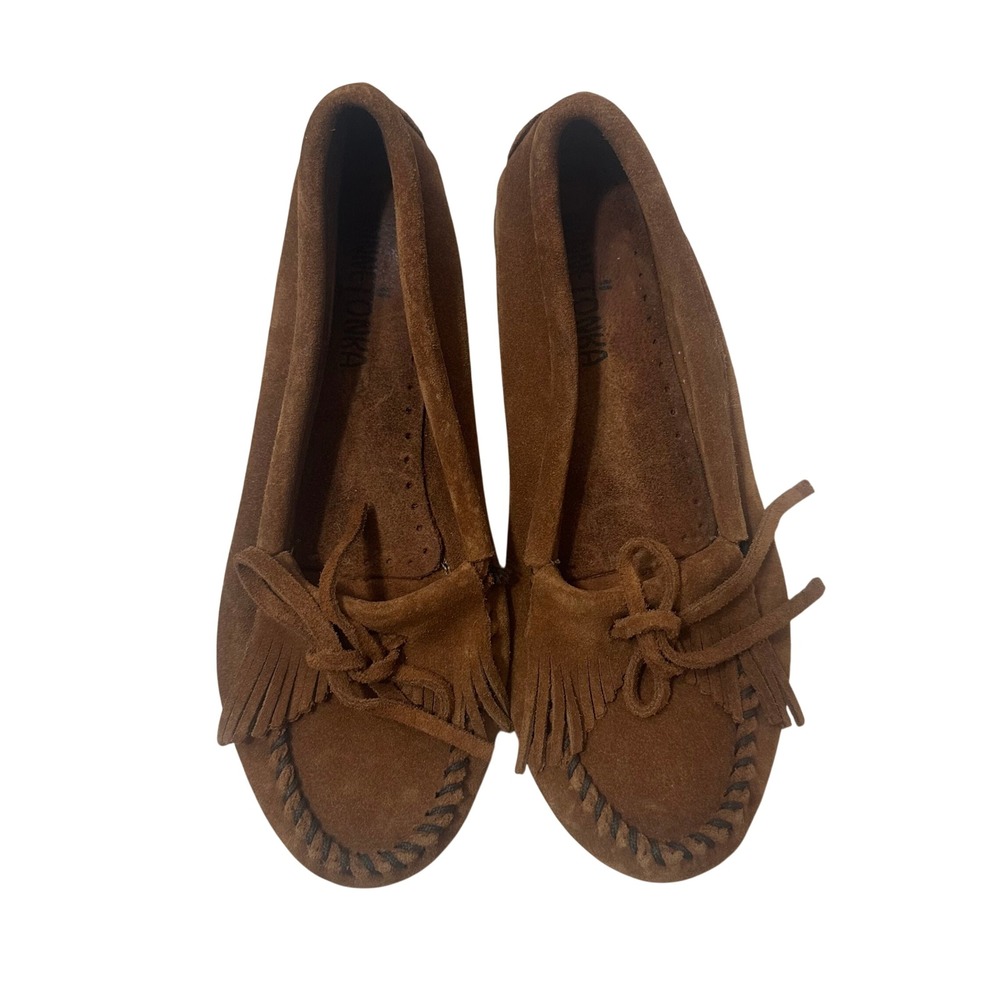 Minnetonka Kilty Brown Suede Moccasins‎ Womens Size 6 Fringe Bow Flats Boho